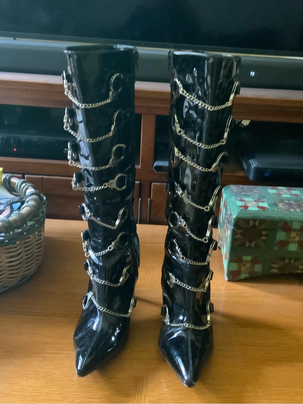 Funtasma Black Patent Vinyl Knee High Boots Handcuff Chain Straps Size 9